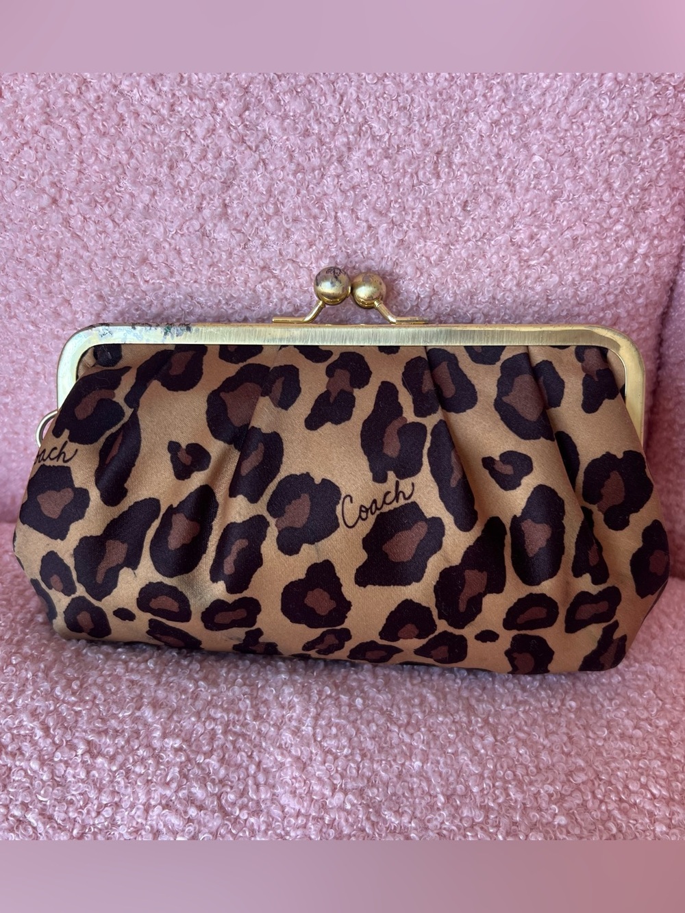 Coach Leopard Print Satin Framed Kisslock Wristlet Clutch - Picture 2 of 7